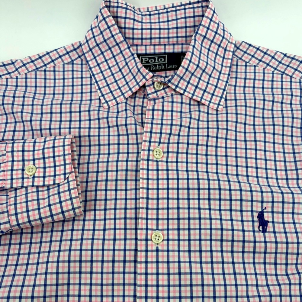 Polo Ralph Lauren Mens Pink Navy Blue Check Button Down Shirt Cotton Size M